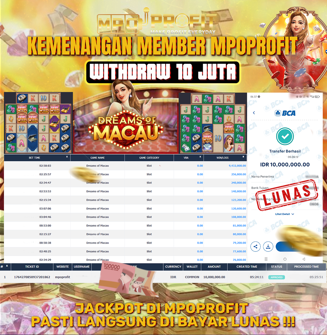 MPOPROFIT JACKPOT SLOT PGSOFT! KEMENANGAN MURNI DI (DREAM OF MACAU TOTAL RP 10.000.000,- LUNAS)